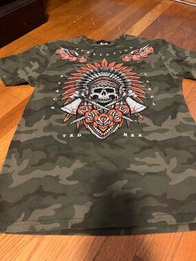Affliction Olive Camo Graphic Tee with Orange and White Skull